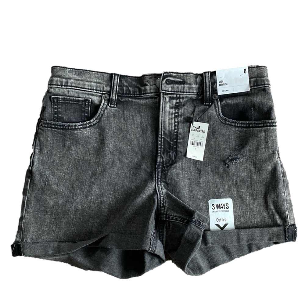 Express Mid Rise Black Denim Shorts SIZE 6 NWT Adjustable Cuffed Hem